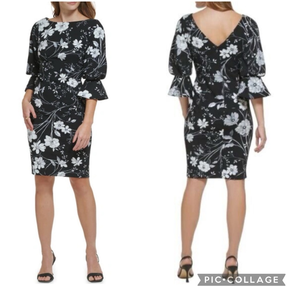 Calvin Klein Bell Cuff Puff‎ Sleeve Sheath Dress Black Floral 4